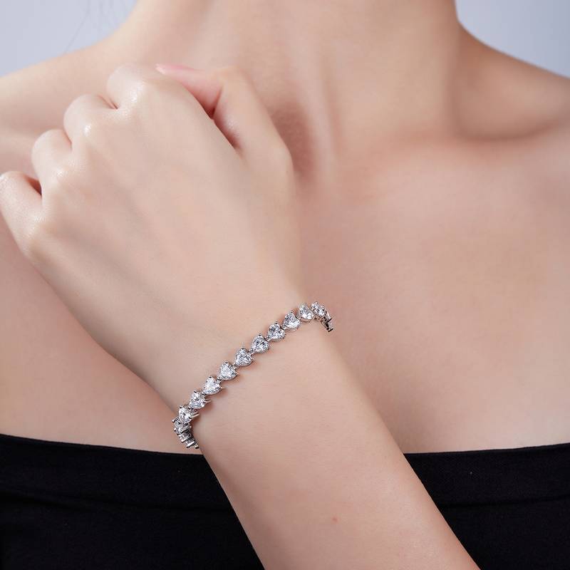 心形拼石Tennis ChainS925银镀白金BraceletMoissanite0.5ct/粒DVVS